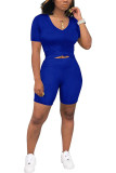 Blue Fashion Sexy adult Ma'am Solid Two Piece Suits pencil Short Sleeve Two Pieces