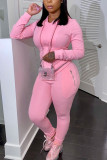 Pink Fashion Casual Adult Polyester Solid Pocket Hooded Collar Long Sleeve Regular Sleeve Regular Two Pieces
