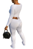 White Fashion Casual Adult Patchwork Solid Patchwork Draw String V Neck Long Sleeve Regular Sleeve Short Two Pieces