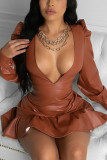 Brown Fashion Casual Adult Faux Leather Solid Flounce V Neck Long Sleeve Mini Wrapped Skirt Dresses