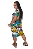 White Polyester Fashion adult Street White Black Grey Orange Yellow Black Green cartoon Multi-color Cap Sleeve Short Sleeves O neck A-Line Mid-Calf Print Patchwork Ombre bandage Colouring Dresses