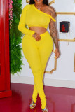 Yellow Polyester Sexy Ma'am Solid Split asymmetrical Two Piece Suits Skinny Long Sleeve Two Pieces