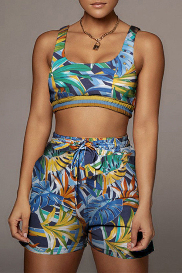Colour Casual Sportswear Print Basic U Neck Sleeveless Two Pieces