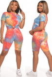 Pink Polyester Fashion Street Print Tie Dye Two Piece Suits Straight Short Sleeve Two Pieces