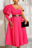 Red Fashion Casual Solid Without Belt Oblique Collar Dresses