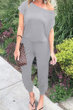 Grey Sexy Fashion Solid Patchwork Cotton Short Sleeve one shoulder collar Jumpsuits