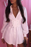 Pink Sexy Solid Patchwork Turndown Collar Waist Skirt Dresses