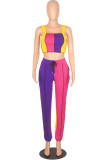 Yellow Purple Casual Sportswear Solid Patchwork Spaghetti Strap Sleeveless Two Pieces