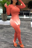 Pink Elegant Gradual Change Print O Neck Long Sleeve Two Pieces