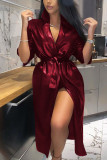 Red Fashion Street Adult Faux Leather Solid With Belt Turndown Collar Outerwear