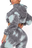 Gray Blue Fashion Casual Print Tie-dye Hooded Collar Long Sleeve Two Pieces