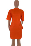 Orange Polyester Sexy Cap Sleeve Short Sleeves O neck Step Skirt Knee-Length Print