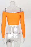 White Red Black Blue Pink Orange One word collar Long Sleeve Solid Tops