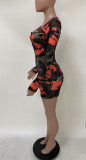 White Rose Red Sexy Print Split Joint U Neck Skinny Jumpsuits