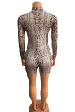Coffee Fashion Sexy Print Basic Turtleneck Long Sleeve Dresses