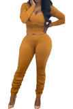 Yellow Fashion Street Adult Polyester Solid Split Joint U Neck Long Sleeve Regular Sleeve Short Two Pieces