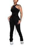 Black Fashion street Patchwork Solid Draped Polyester Sleeveless O Neck Jumpsuits