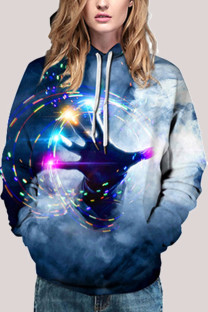 Blue Fashion Street Adult Polyester Print Split Joint Pullovers Hooded Collar Outerwear