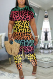 Powder blue Fashion Light Print Leopard grain Short Sleeve O Neck Jumpsuits