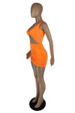 Orange Sexy Solid Hollowed Out Fold V Neck Vest Dress