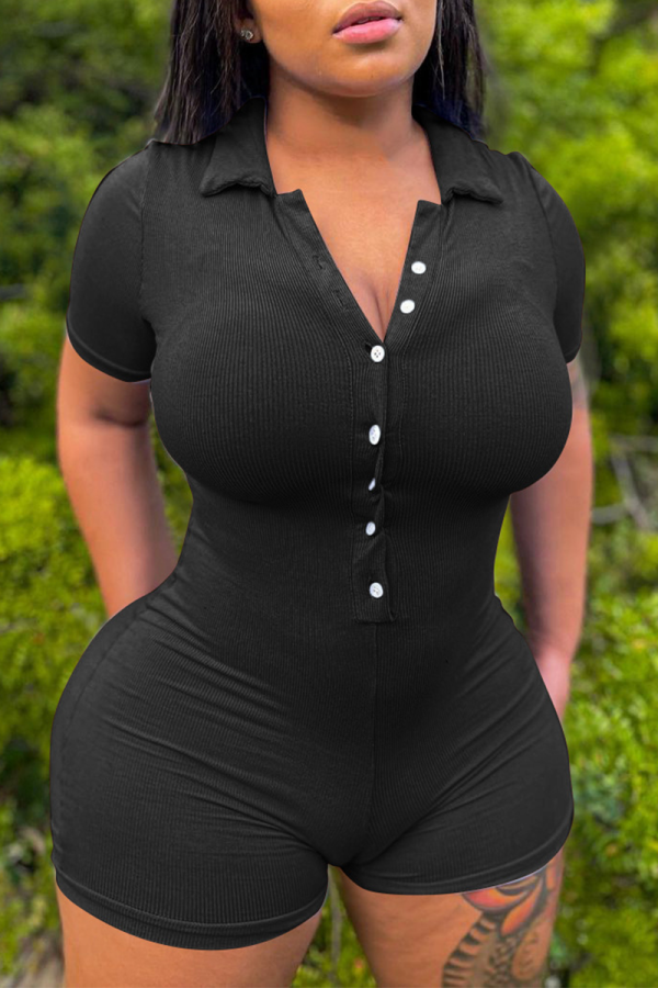 Black Casual Solid Patchwork Turndown Collar Skinny Rompers