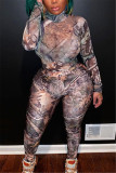 Multicolor Fashion Sexy Print See-through O Neck Long Sleeve Two Pieces