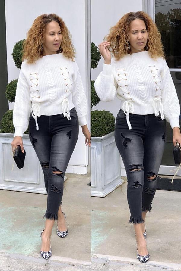 White One word collar Long Sleeve bow-knot HOLLOWED OUT Patchwork asymmetrical Solid Sweaters &