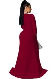Wine Red Sexy adult Fashion Cap Sleeve Long Sleeves V Neck Swagger Floor-Length diamonds split Soli