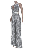 White Sexy Print Hollowed Out Backless Strap Design O Neck Regular Jumpsuits