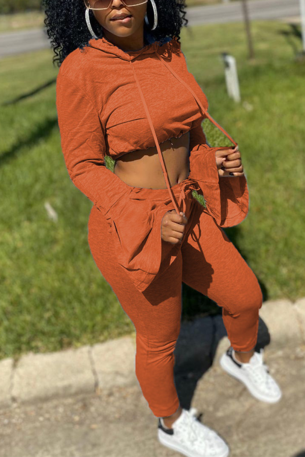 Tangerine Red Casual Solid Draw String Hooded Collar Long Sleeve Two Pieces