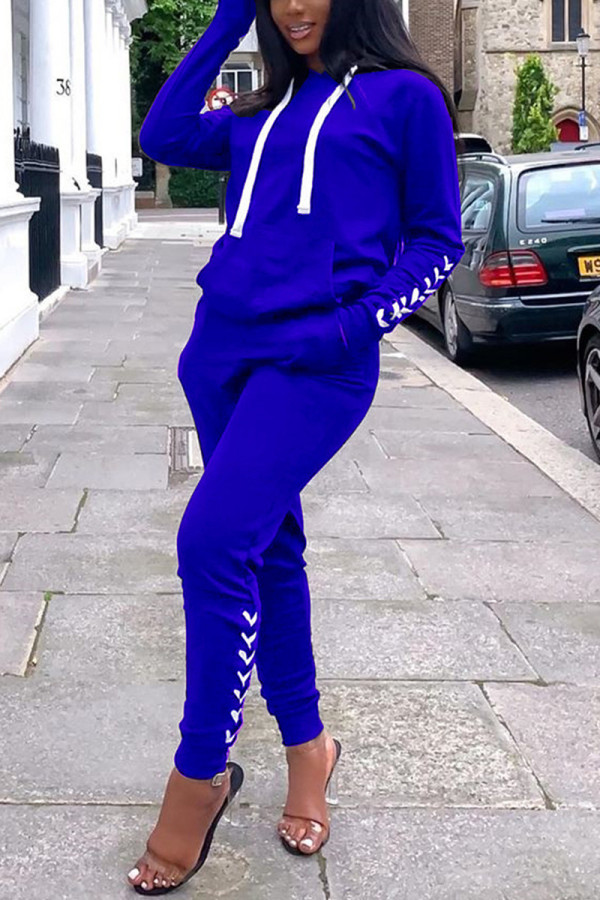 Blue Fashion Casual Solid Basic Hooded Collar Long Sleeve Two Pieces
