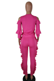 Rose Red Casual Solid Patchwork O Neck Long Sleeve Two Pieces