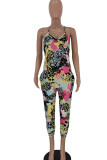 rose red Fashion Casual Print Sleeveless V Neck Jumpsuits