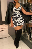 Black White Fashion Sexy Print Basic V Neck Vest Dress