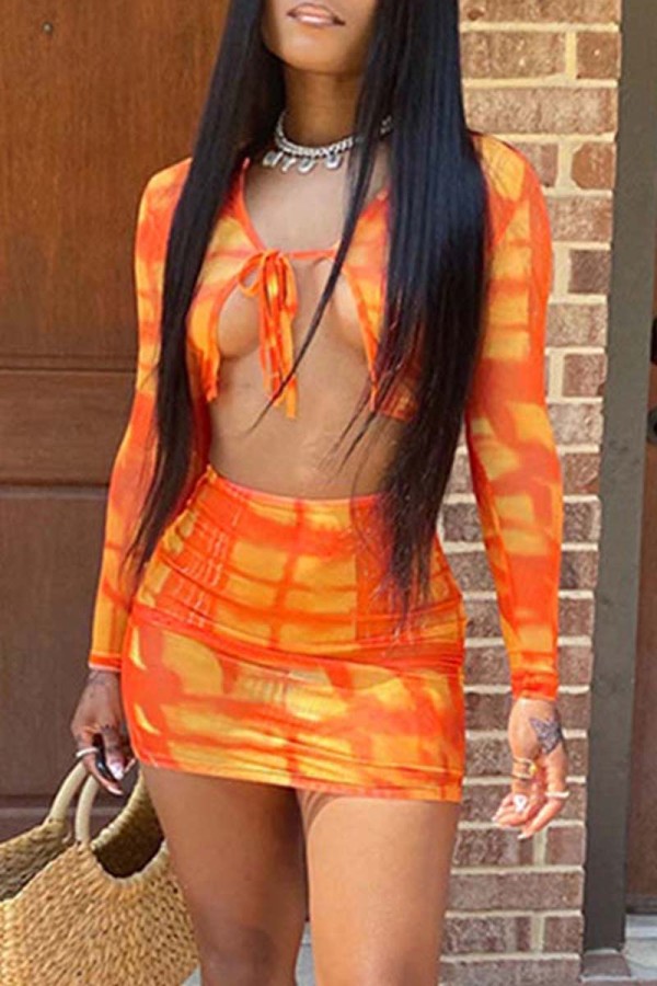 Orange Fashion Sexy Print Tie-dye Strap Design V Neck Long Sleeve Two Pieces