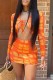Orange Fashion Sexy Print Tie-dye Strap Design V Neck Long Sleeve Two Pieces