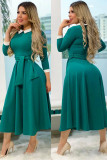 Green Fashion Sweet adult Cap Sleeve Long Sleeves Turndown Collar Swagger Mid-Calf Patchwork Col