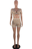 Multicolor Sexy Casual Striped Print Basic V Neck Short Sleeve Two Pieces