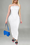 White Fashion Sexy Solid Hot Drill Strapless Strapless Dress