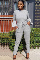 Grey Polyester Casual Solid Two Piece Suits pencil Long Sleeve Two-piece Pants Set
