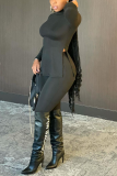 Wine Red Casual Solid Slit Turtleneck Long Sleeve Two Pieces