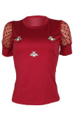 Red Fashion Casual Embroidery Patchwork O Neck Tops