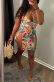 Yellow Fashion Sexy Print Backless Slit Spaghetti Strap Sleeveless Dress
