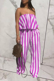 Purple Sexy Striped Patchwork Strapless Sleeveless Two Pieces