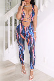 Red Fashion Sexy Print Hollowed Out Backless V Neck Skinny Jumpsuits