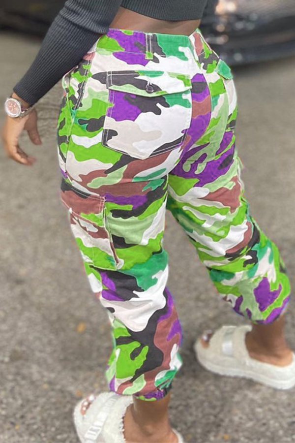 Green Casual Camouflage Print Split Joint Regular Bottoms