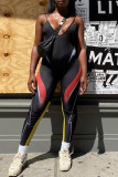 Black Sexy Sportswear Print Backless V Neck Skinny Sling Jumpsuits