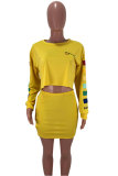 Yellow Sexy Fashion Cap Sleeve Long Sleeves O neck Hip skirt skirt Character Two Piece Dresses