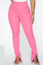Pink Casual Solid Slit Boot Cut Mid Waist Speaker Bottoms
