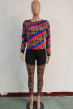 Red and blue Street Patchwork Two Piece Suits Print pencil Long Sleeve